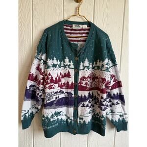Vintage Northern Reflections Scenic Knit Cardigan Winter Cabin Print Size XL/TG